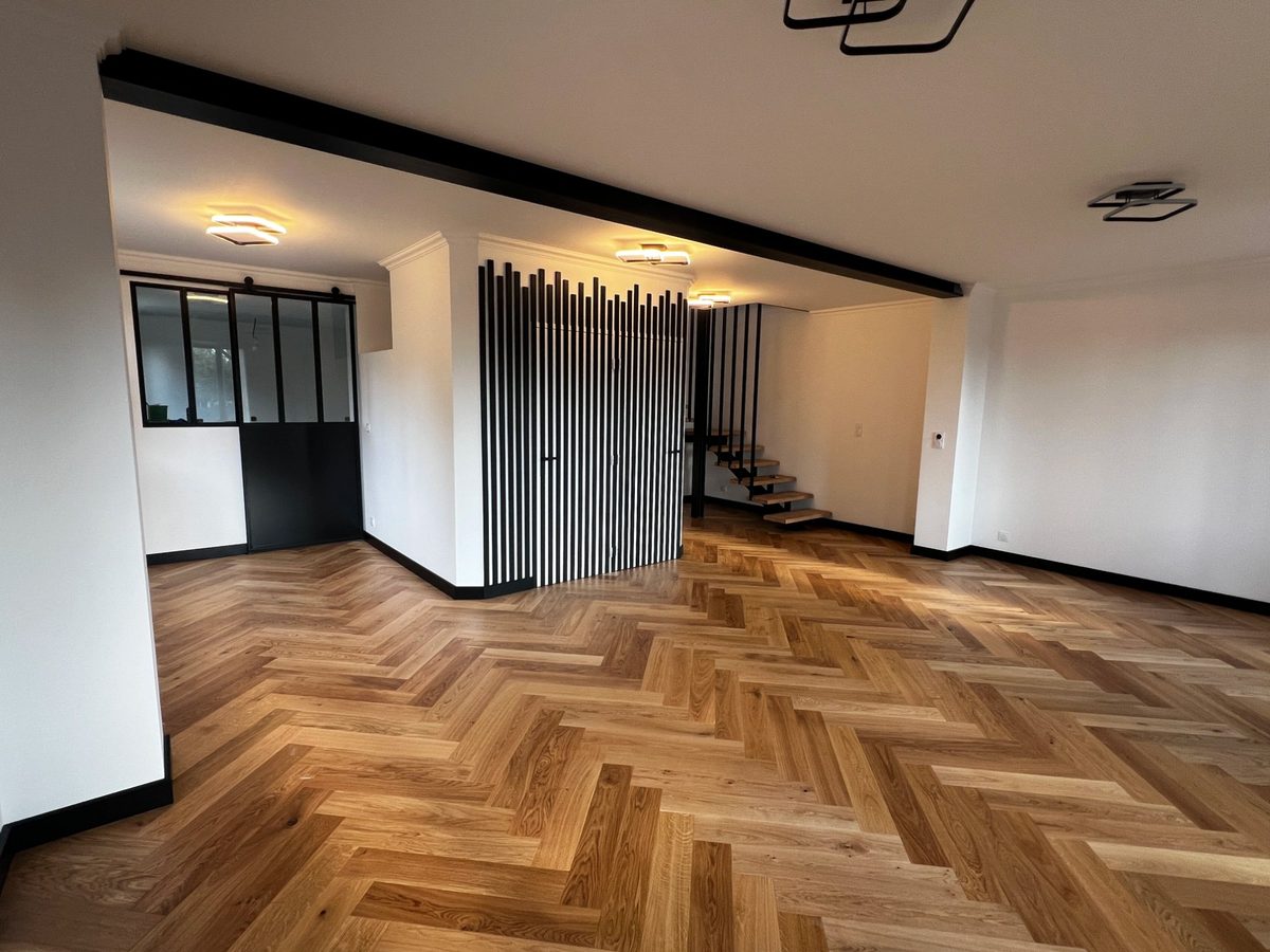 Salon duplex · Parquet point de Hongrie · Claustra · Verrière